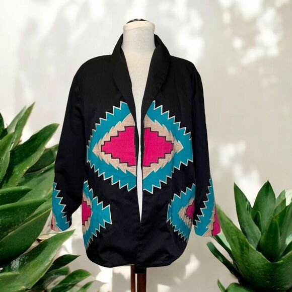 VICTOR CAMARENA Vtg Long Black Jacket Hand Embroidered Southwest Design Sz L - Picture 1 of 4